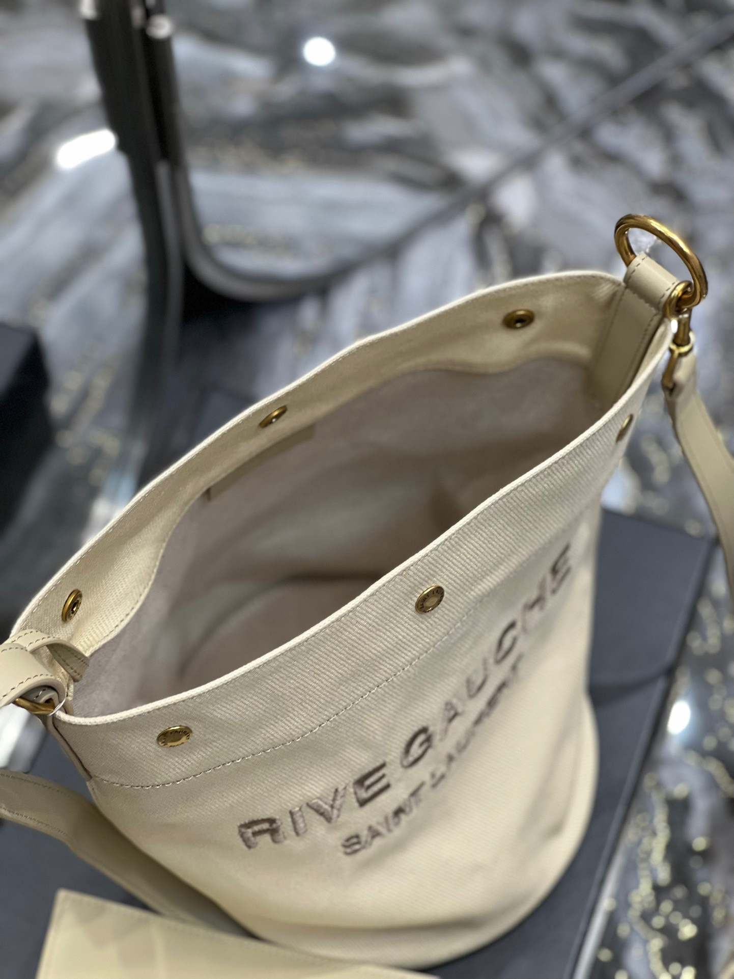 Saint Laurent YSL Rive Gauche French Linen Bucket Bag in Oatmeal