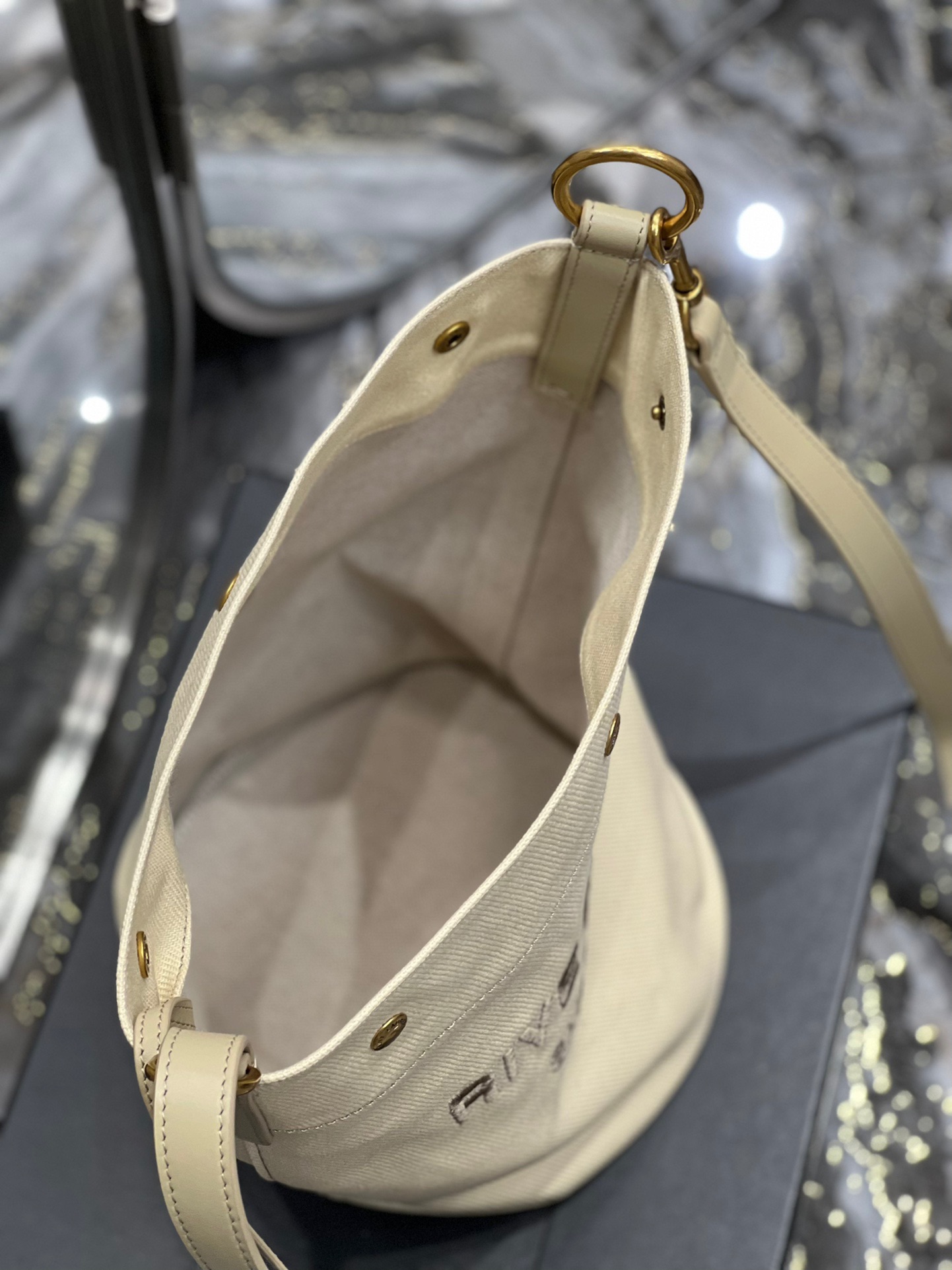 Saint Laurent YSL Rive Gauche French Linen Bucket Bag in Oatmeal