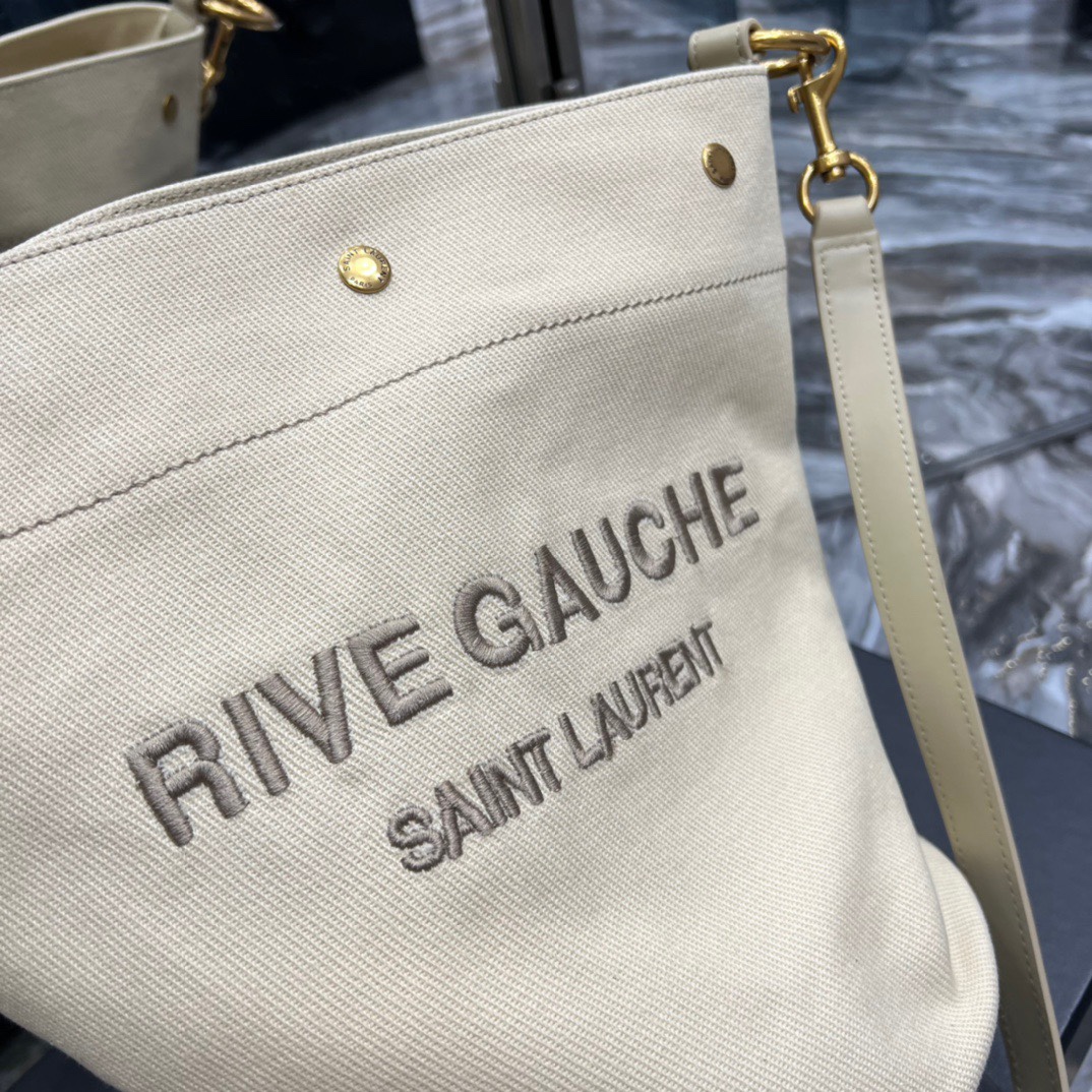 Saint Laurent YSL Rive Gauche French Linen Bucket Bag in Oatmeal