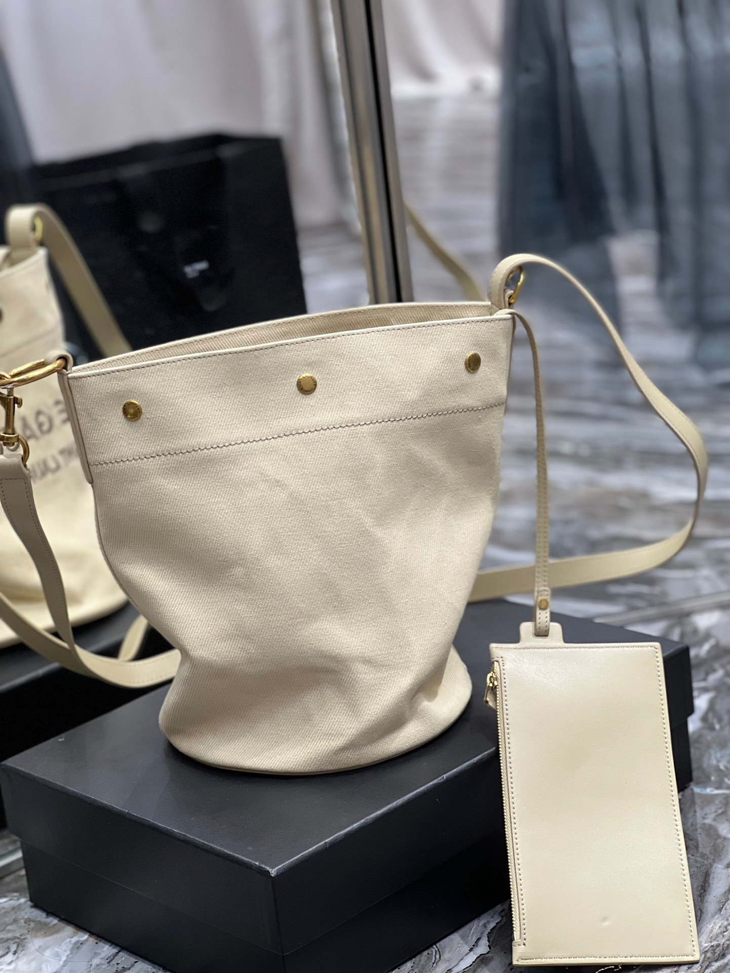 Saint Laurent YSL Rive Gauche French Linen Bucket Bag in Oatmeal