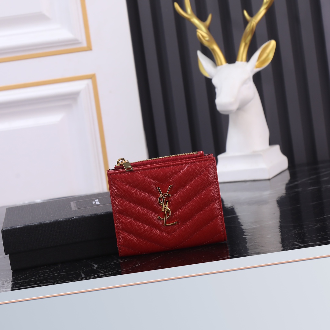 Saint Laurent YSL Caviar Card Holder in Red with Gold Hardware