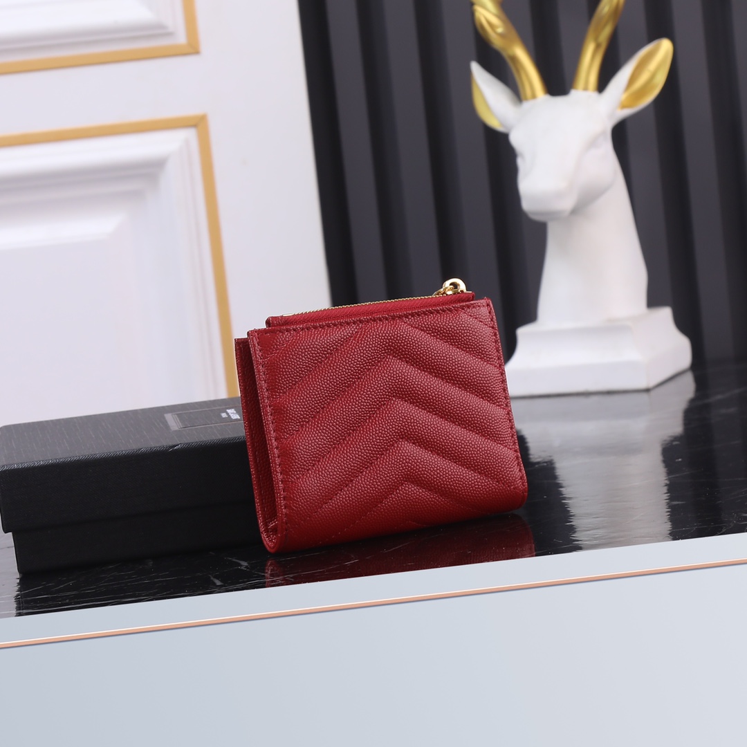 Saint Laurent YSL Caviar Card Holder in Red with Gold Hardware