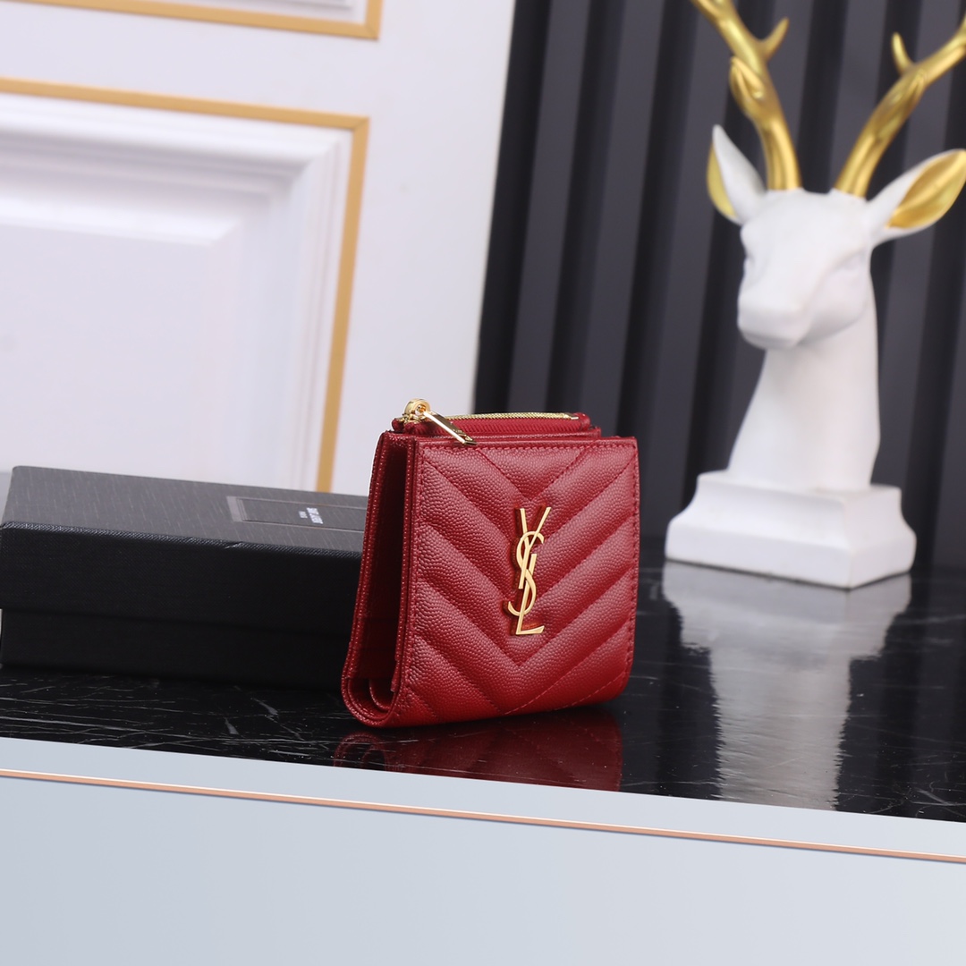 Saint Laurent YSL Caviar Card Holder in Red with Gold Hardware