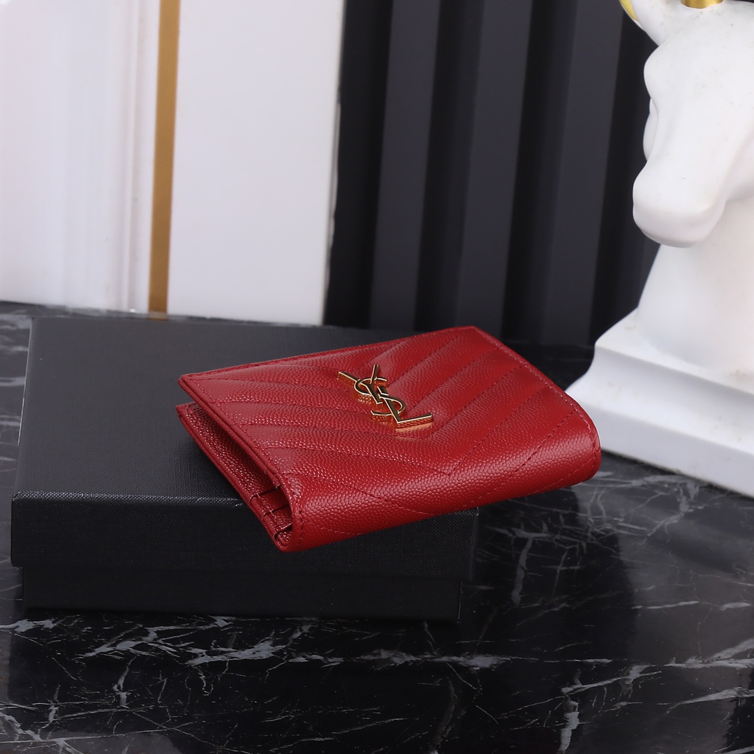 Saint Laurent YSL Caviar Card Holder in Red with Gold Hardware