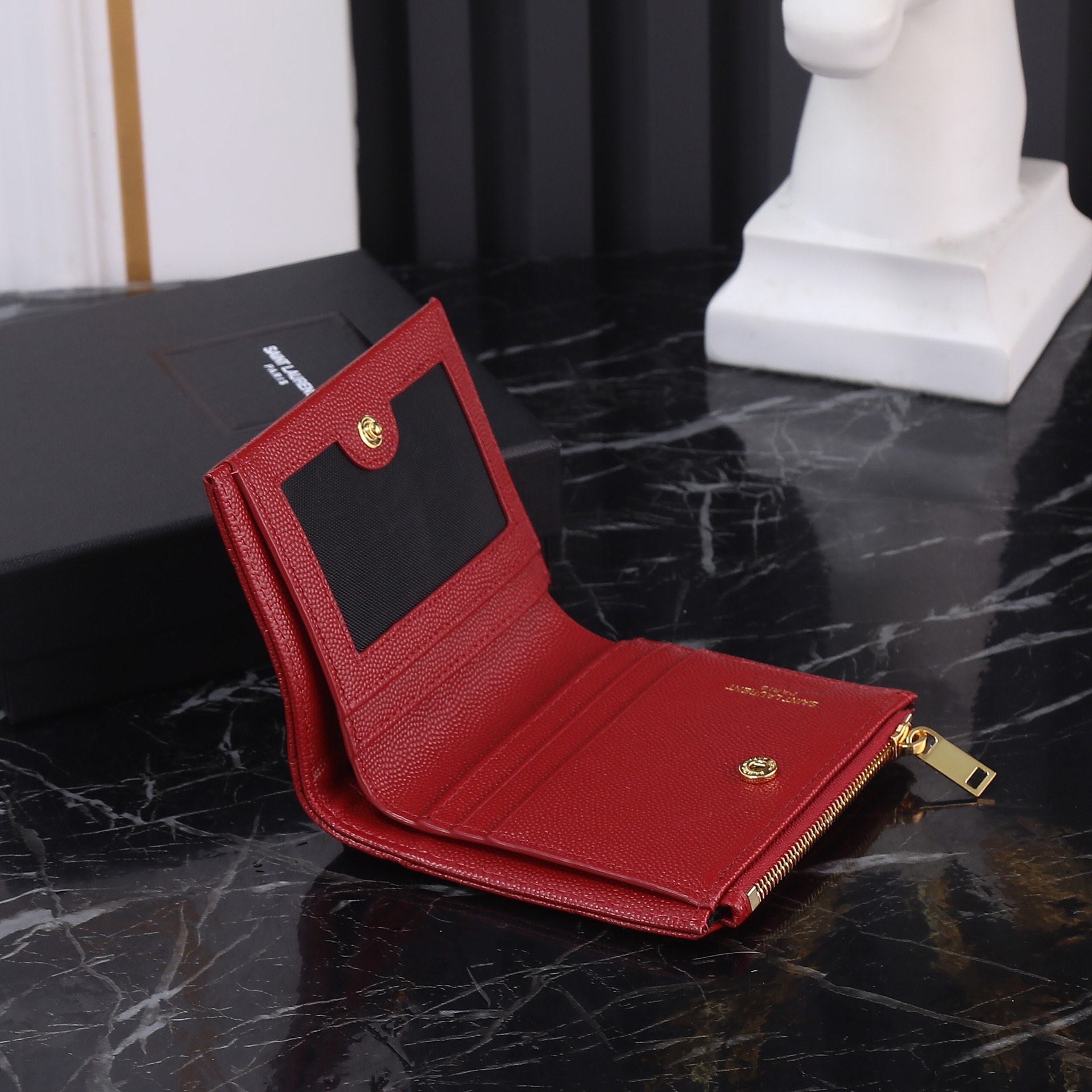 Saint Laurent YSL Caviar Card Holder in Red with Gold Hardware