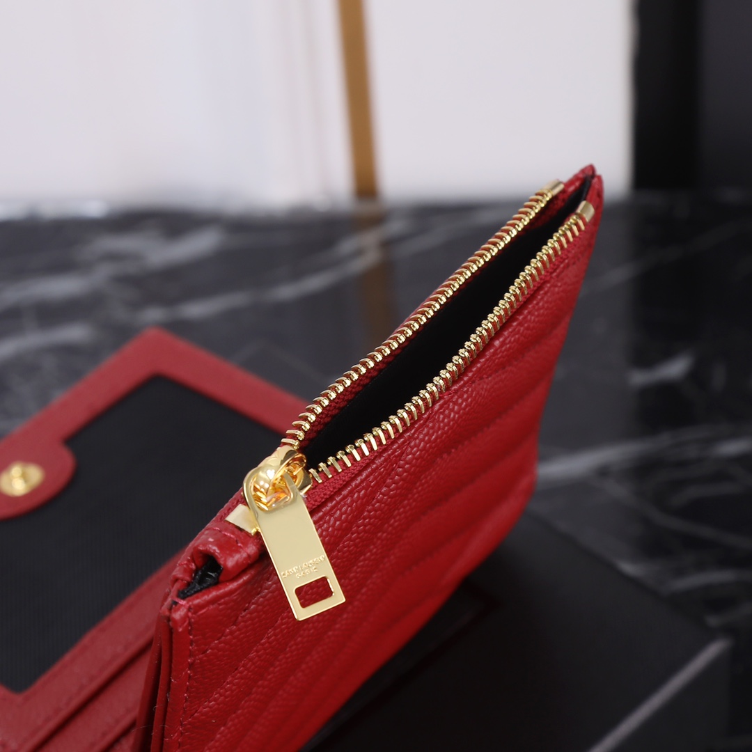 Saint Laurent YSL Caviar Card Holder in Red with Gold Hardware