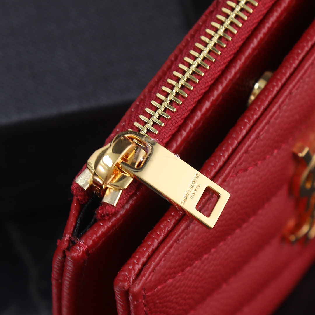 Saint Laurent YSL Caviar Card Holder in Red with Gold Hardware