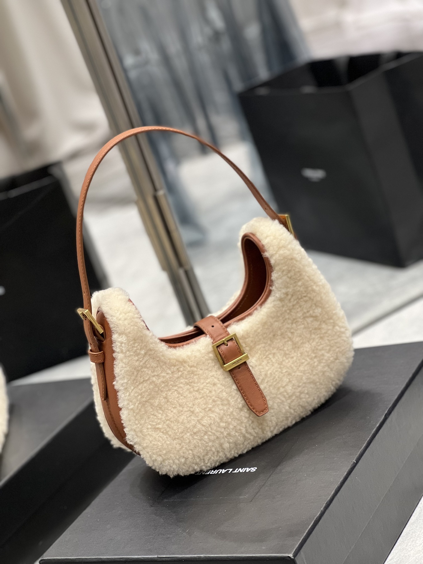  Saint Laurent YSL Winter Limited Edition Lamb Fur Hobo Bag