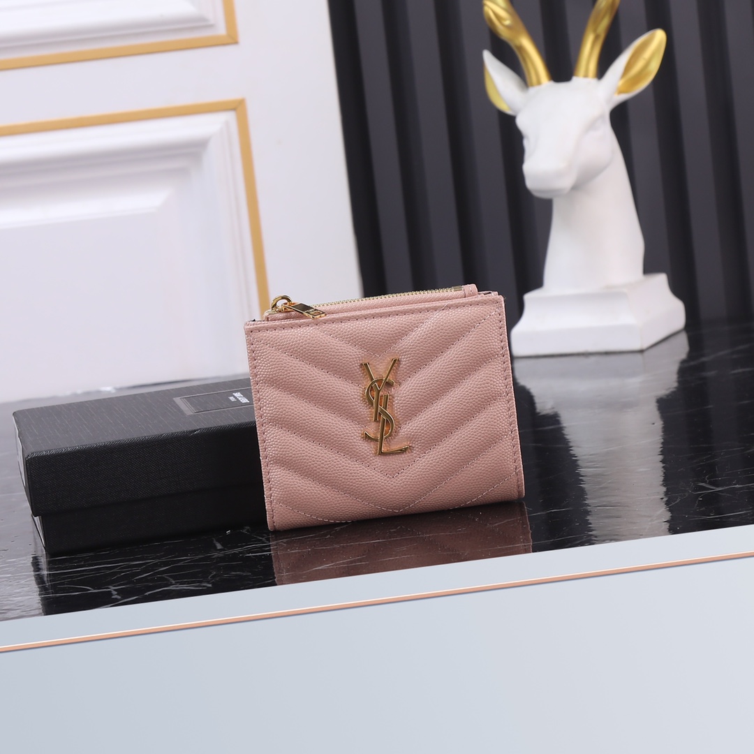 Saint Laurent YSL Caviar Card Holder in Pink with Gold Hardware