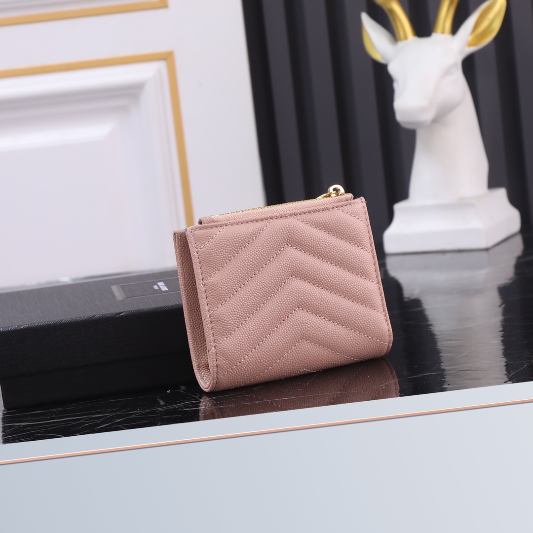 Saint Laurent YSL Caviar Card Holder in Pink with Gold Hardware