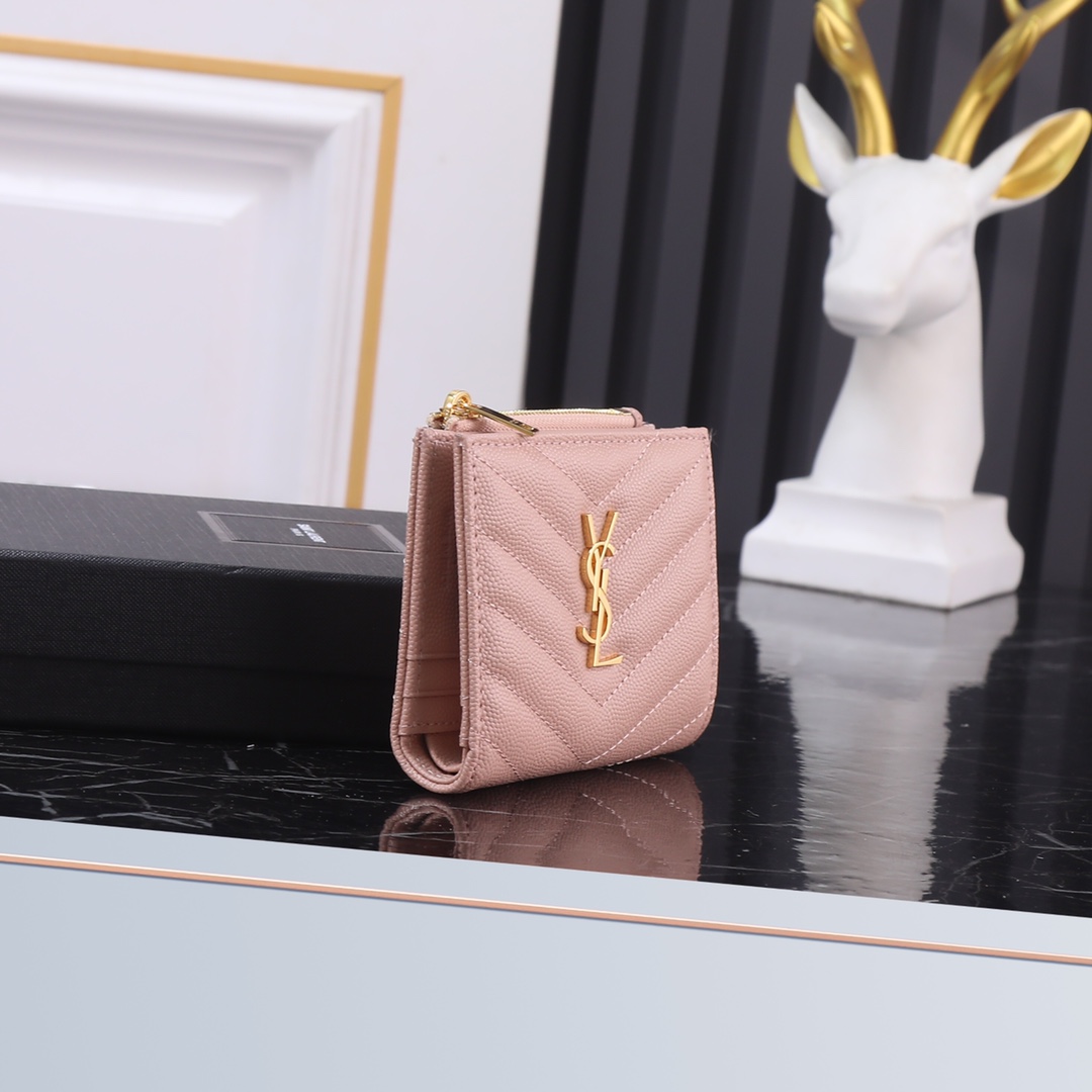 Saint Laurent YSL Caviar Card Holder in Pink with Gold Hardware