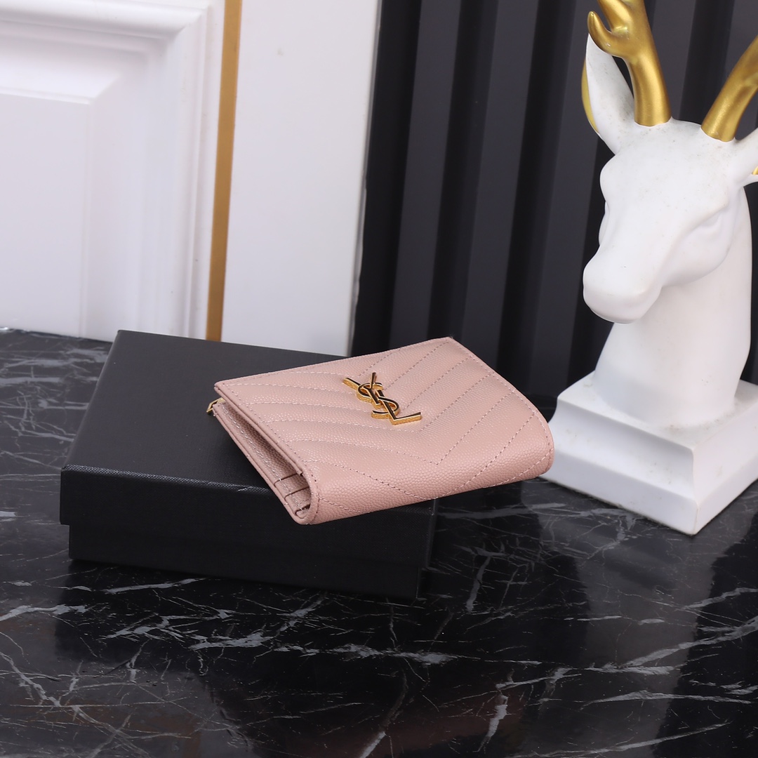 Saint Laurent YSL Caviar Card Holder in Pink with Gold Hardware