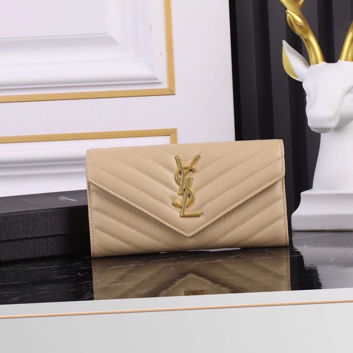 Saint Laurent YSL Caviar Long Wallet in Almond with Gold Hardware