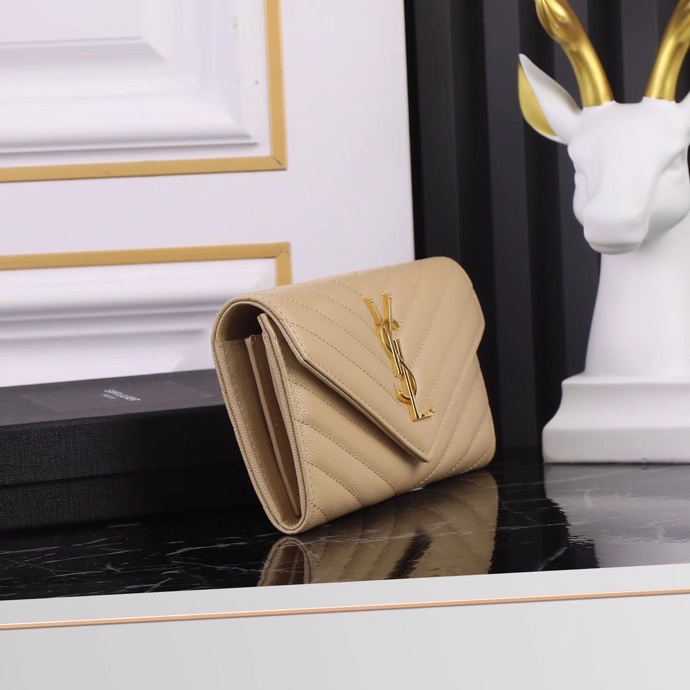 Saint Laurent YSL Caviar Long Wallet in Almond with Gold Hardware