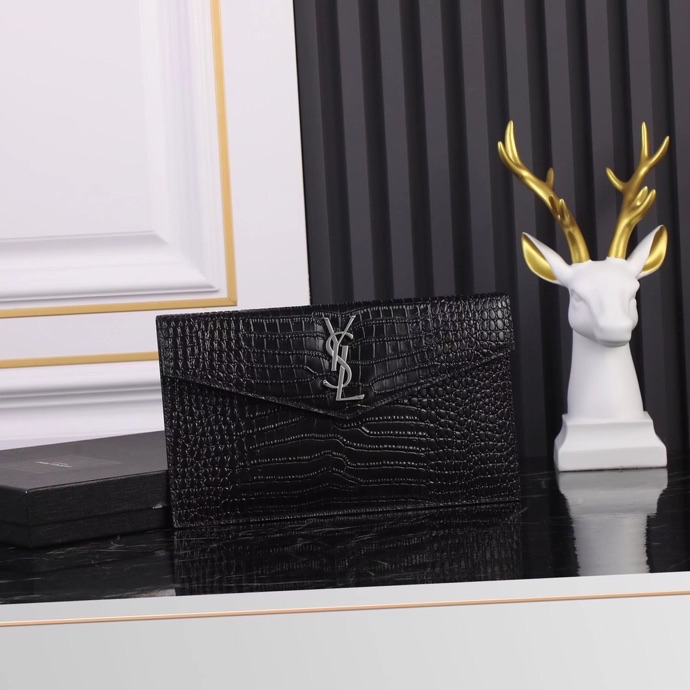 Saint Laurent YSL Crocodile-Embossed Black Wallet with Silver Hardware