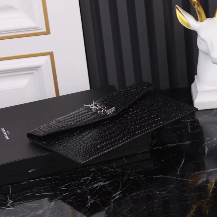 Saint Laurent YSL Crocodile-Embossed Black Wallet with Silver Hardware