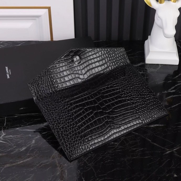 Saint Laurent YSL Crocodile-Embossed Black Wallet with Silver Hardware