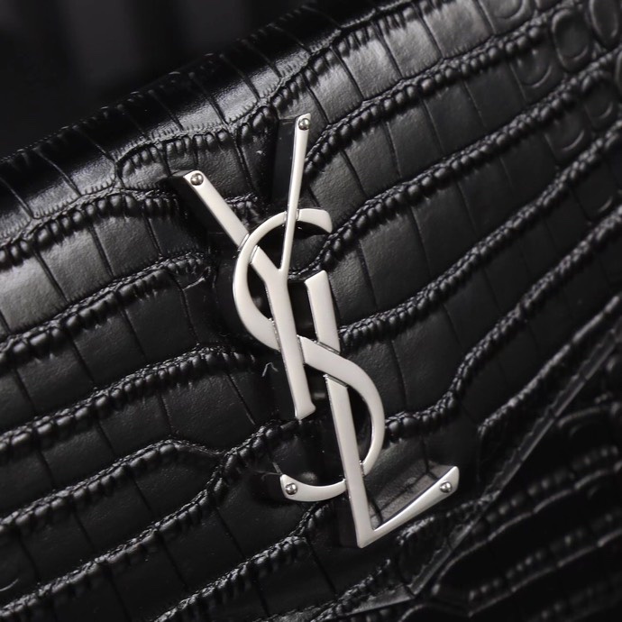 Saint Laurent YSL Crocodile-Embossed Black Wallet with Silver Hardware