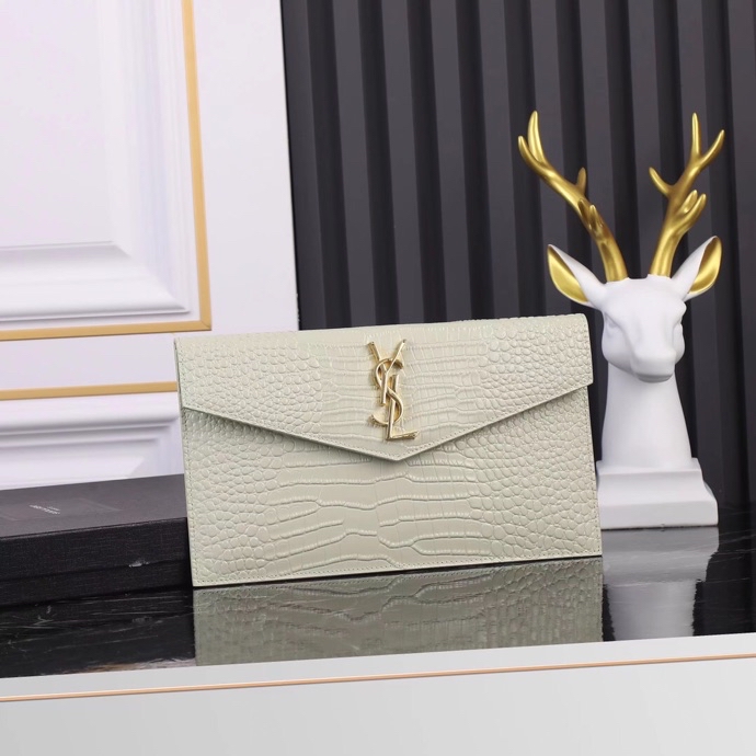 Saint Laurent YSL Crocodile-Embossed White Wallet with Gold Hardware