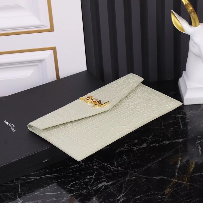 Saint Laurent YSL Crocodile-Embossed White Wallet with Gold Hardware