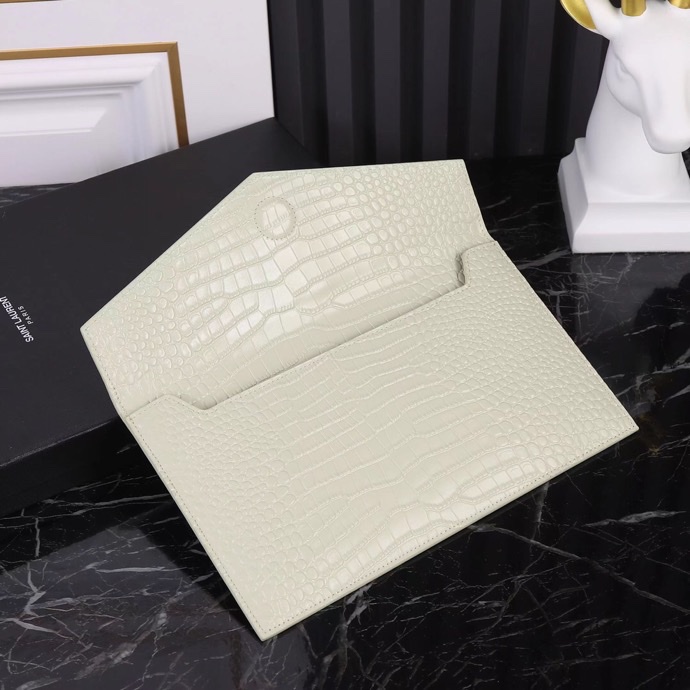 Saint Laurent YSL Crocodile-Embossed White Wallet with Gold Hardware