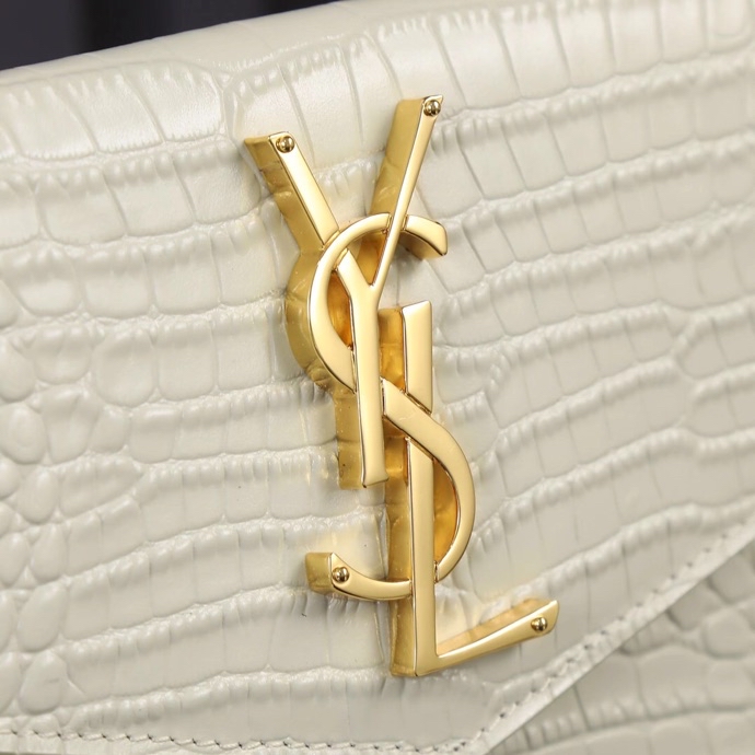 Saint Laurent YSL Crocodile-Embossed White Wallet with Gold Hardware