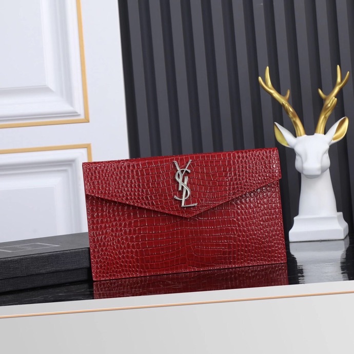 Saint Laurent YSL Crocodile-Embossed Burgundy Wallet with Silver Hardware