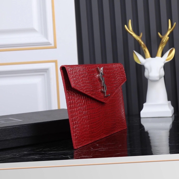 Saint Laurent YSL Crocodile-Embossed Burgundy Wallet with Silver Hardware