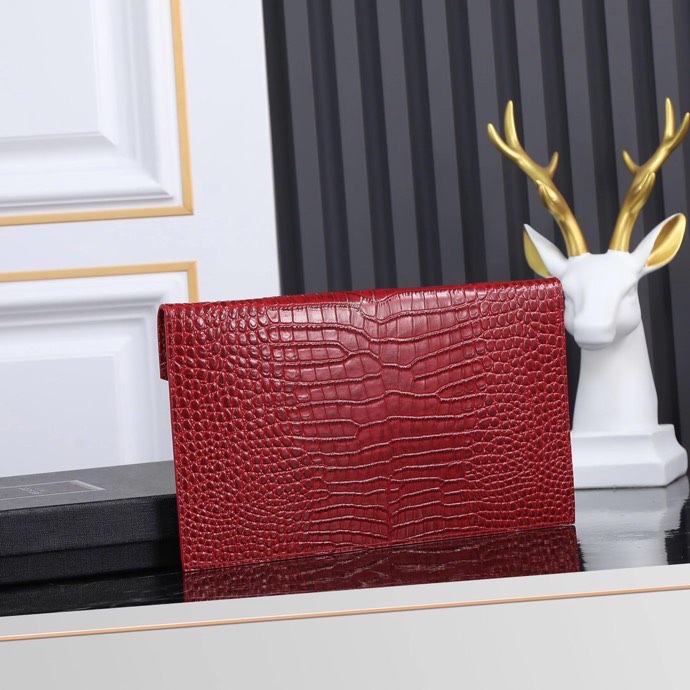 Saint Laurent YSL Crocodile-Embossed Burgundy Wallet with Silver Hardware