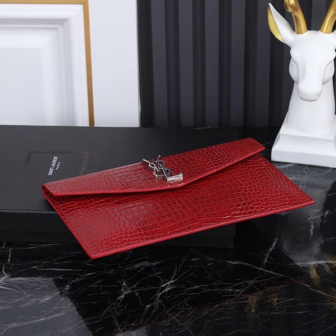 Saint Laurent YSL Crocodile-Embossed Burgundy Wallet with Silver Hardware