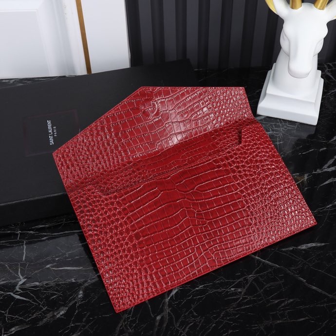 Saint Laurent YSL Crocodile-Embossed Burgundy Wallet with Silver Hardware