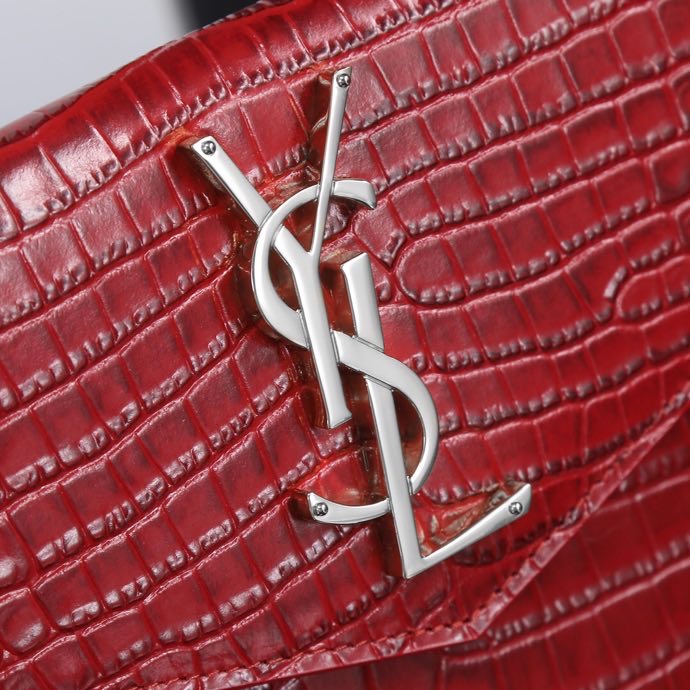 Saint Laurent YSL Crocodile-Embossed Burgundy Wallet with Silver Hardware