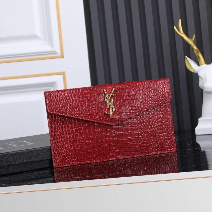 Saint Laurent YSL Crocodile-Embossed Burgundy Wallet with Gold Hardware