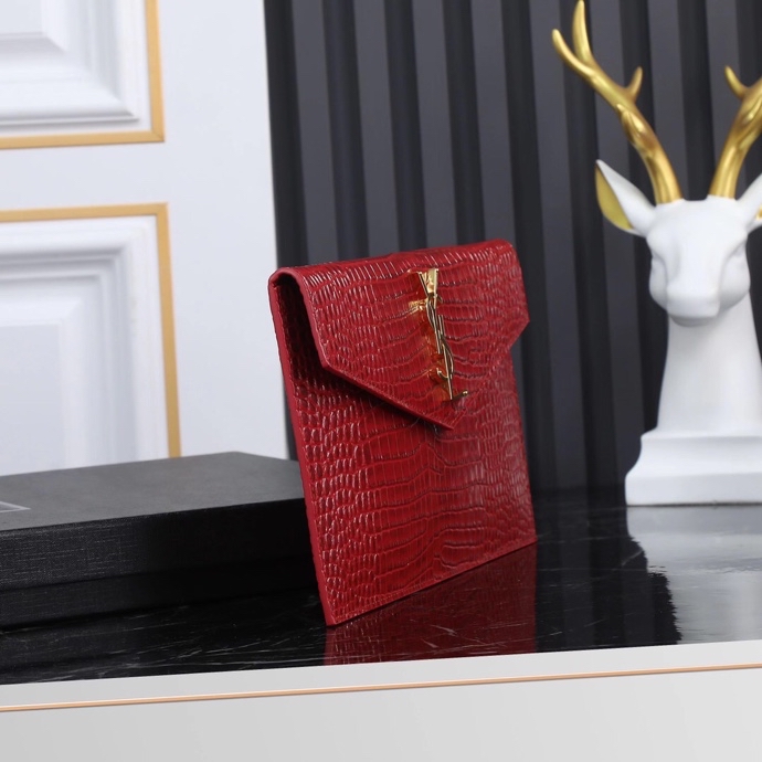 Saint Laurent YSL Crocodile-Embossed Burgundy Wallet with Gold Hardware