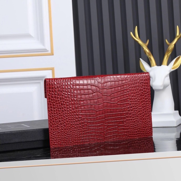 Saint Laurent YSL Crocodile-Embossed Burgundy Wallet with Gold Hardware