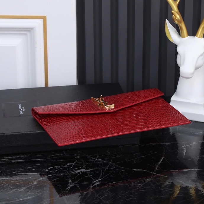 Saint Laurent YSL Crocodile-Embossed Burgundy Wallet with Gold Hardware