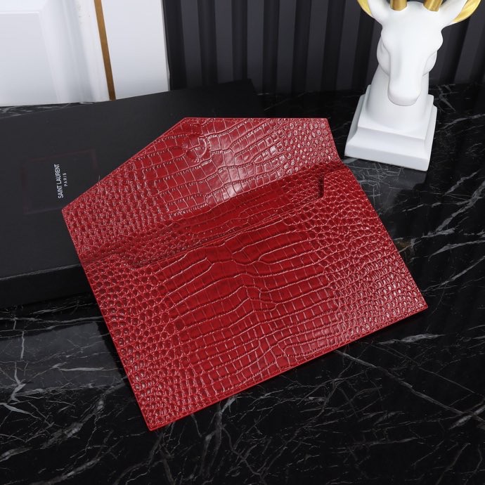 Saint Laurent YSL Crocodile-Embossed Burgundy Wallet with Gold Hardware