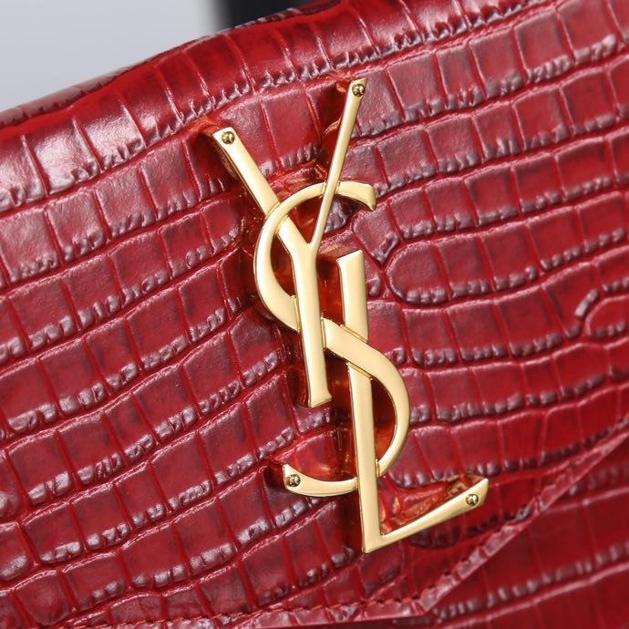 Saint Laurent YSL Crocodile-Embossed Burgundy Wallet with Gold Hardware