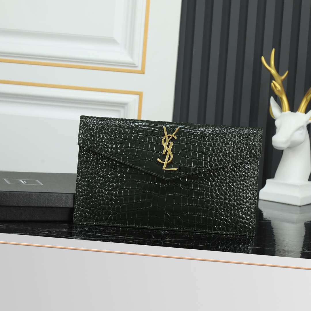 Saint Laurent YSL Crocodile-Embossed Dark Green Wallet with Gold Hardware