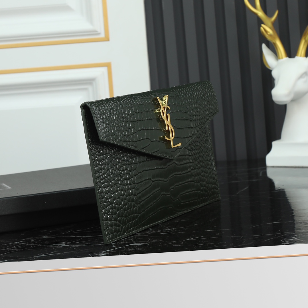 Saint Laurent YSL Crocodile-Embossed Dark Green Wallet with Gold Hardware