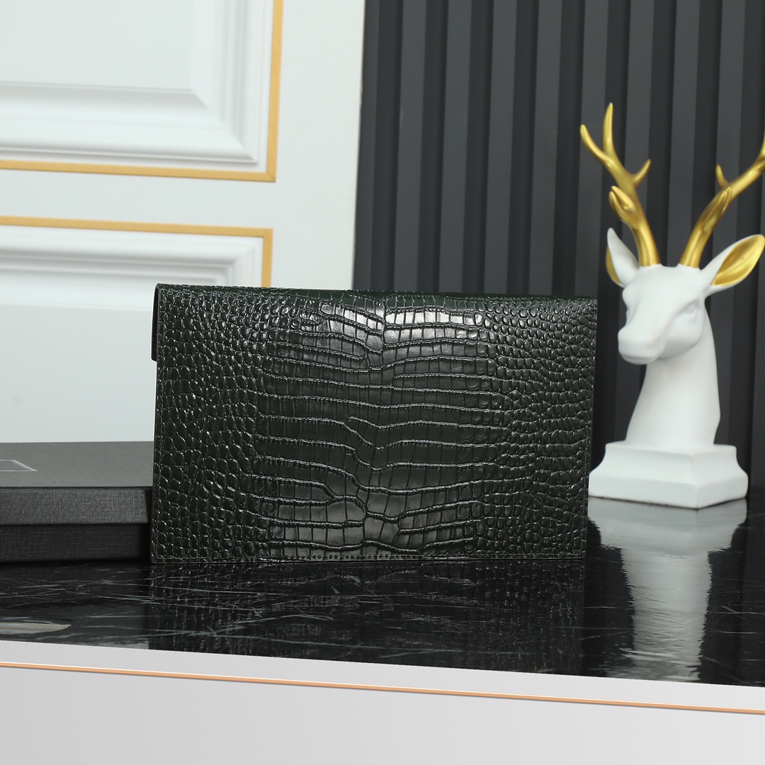 Saint Laurent YSL Crocodile-Embossed Dark Green Wallet with Gold Hardware