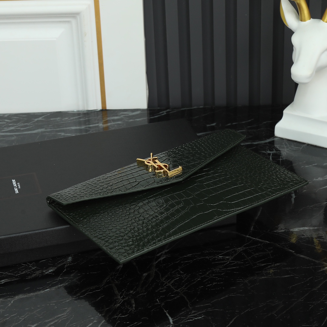 Saint Laurent YSL Crocodile-Embossed Dark Green Wallet with Gold Hardware