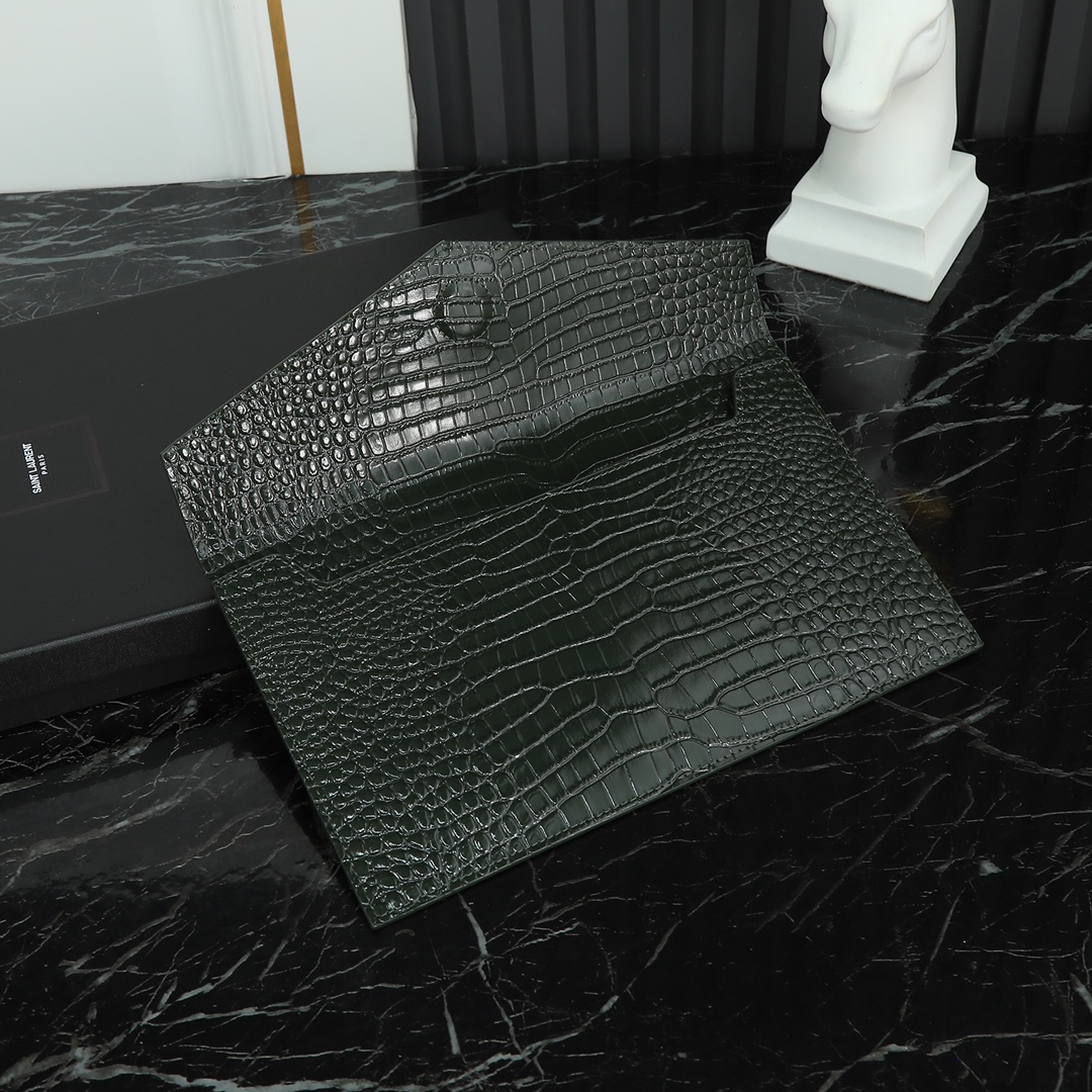 Saint Laurent YSL Crocodile-Embossed Dark Green Wallet with Gold Hardware