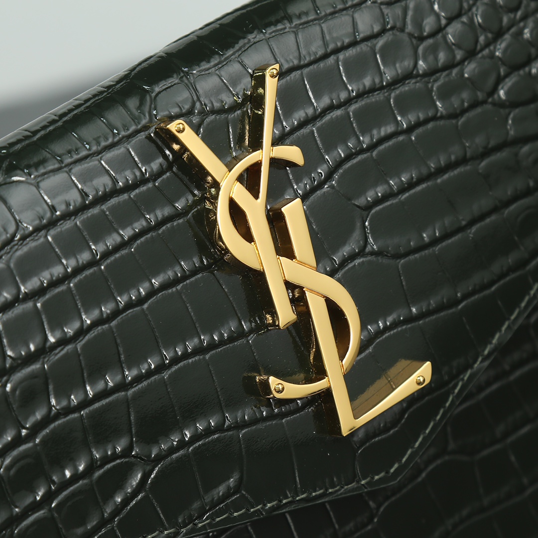 Saint Laurent YSL Crocodile-Embossed Dark Green Wallet with Gold Hardware