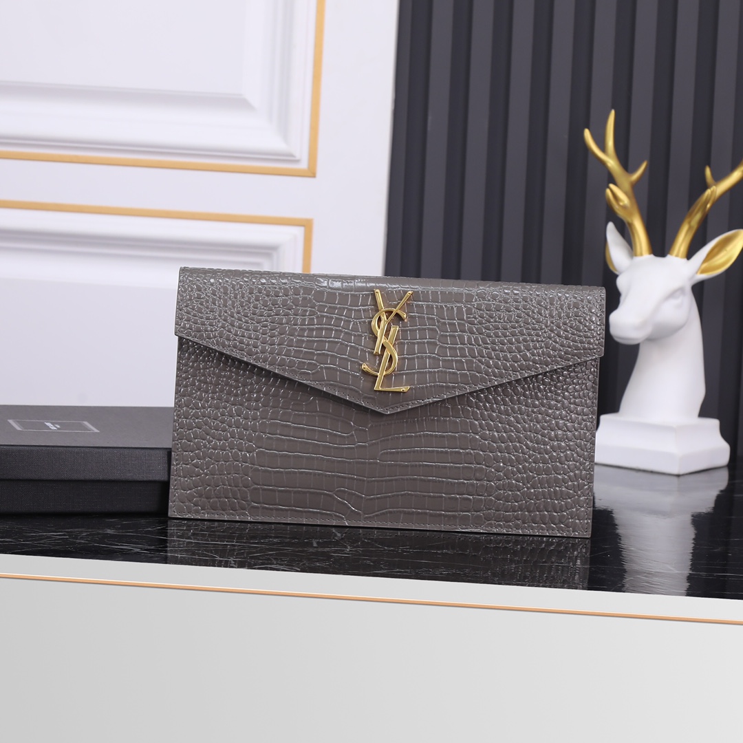 Saint Laurent YSL Crocodile-Embossed Gray Wallet with Gold Hardware