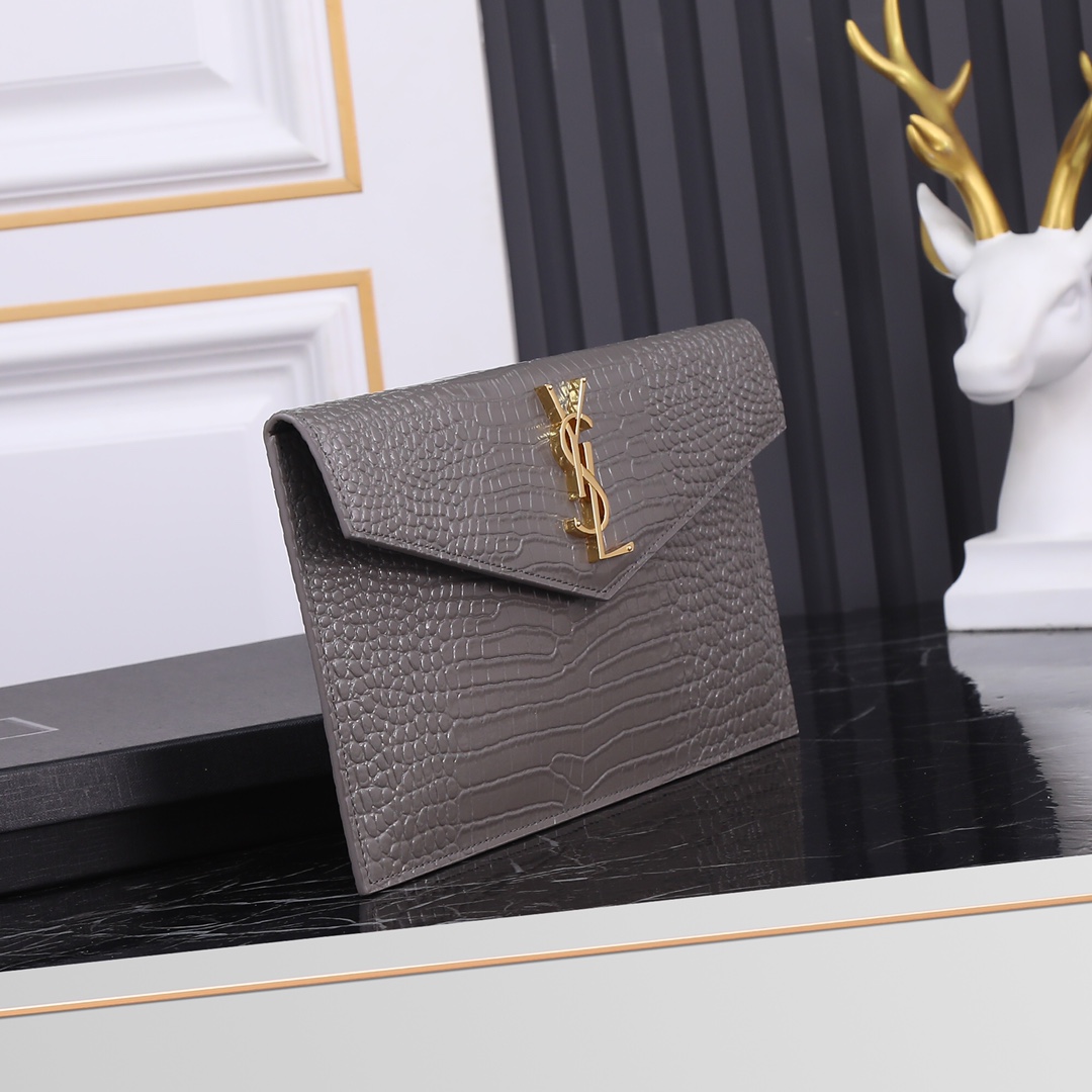 Saint Laurent YSL Crocodile-Embossed Gray Wallet with Gold Hardware