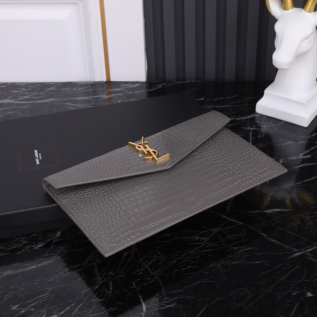 Saint Laurent YSL Crocodile-Embossed Gray Wallet with Gold Hardware