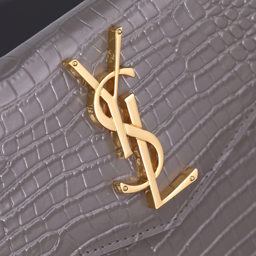 Saint Laurent YSL Crocodile-Embossed Gray Wallet with Gold Hardware