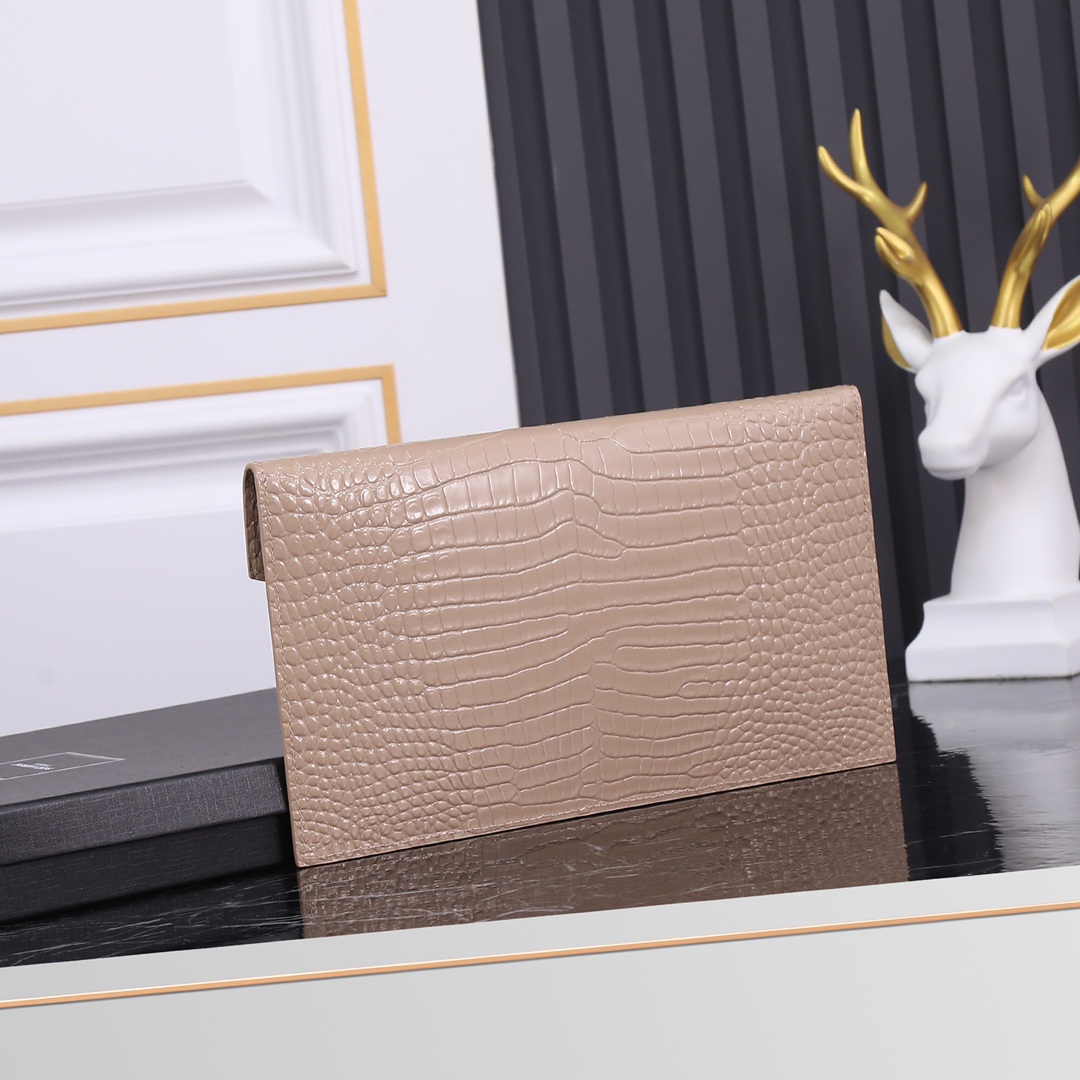 Saint Laurent YSL Crocodile-Embossed Almond Wallet with Gold Hardware