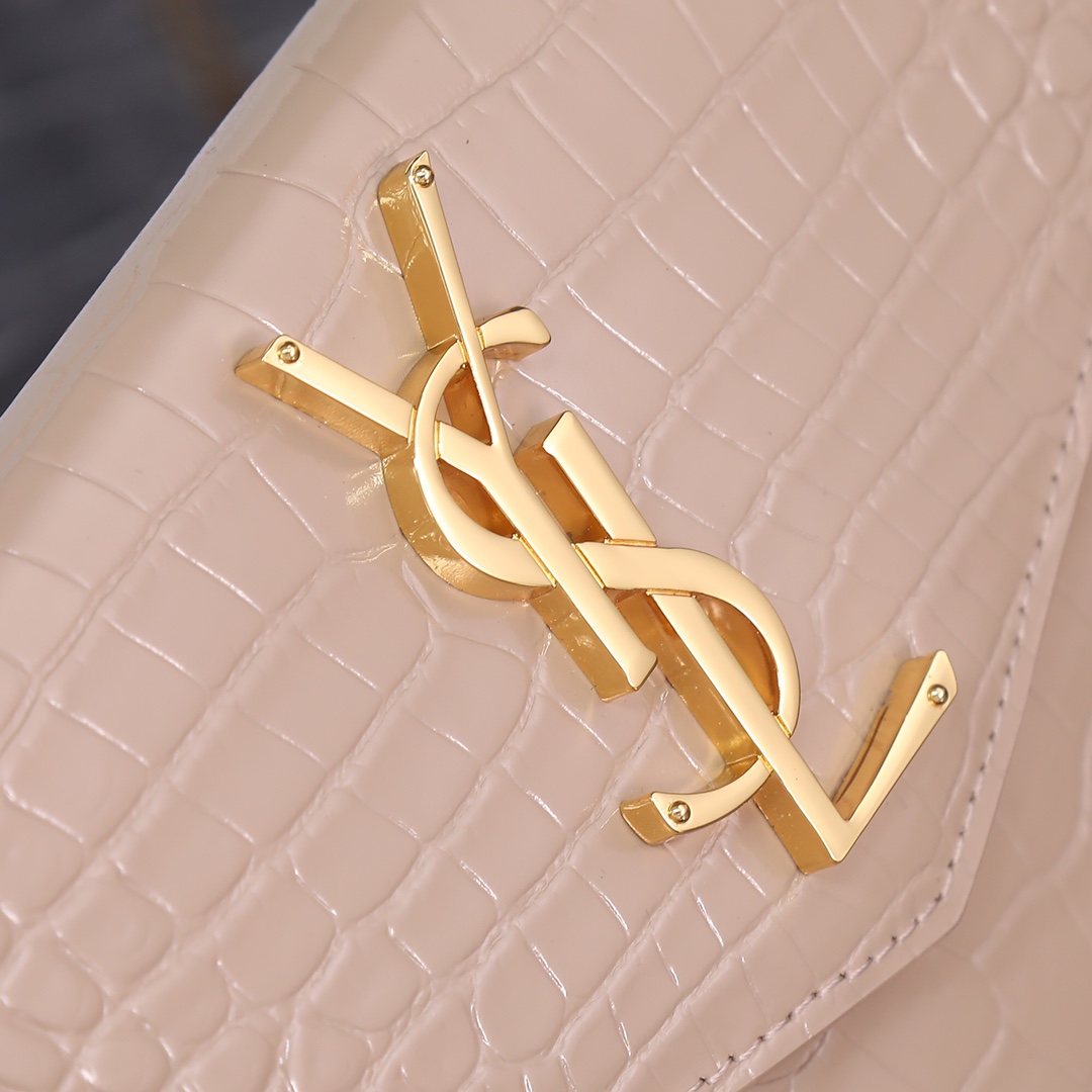 Saint Laurent YSL Crocodile-Embossed Almond Wallet with Gold Hardware